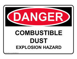 Danger sign warning of combustible dust explosion hazard in an industrial area
