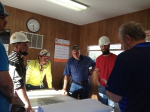 Suppression Systems Inc. project management team reviewing blueprints on a construction site